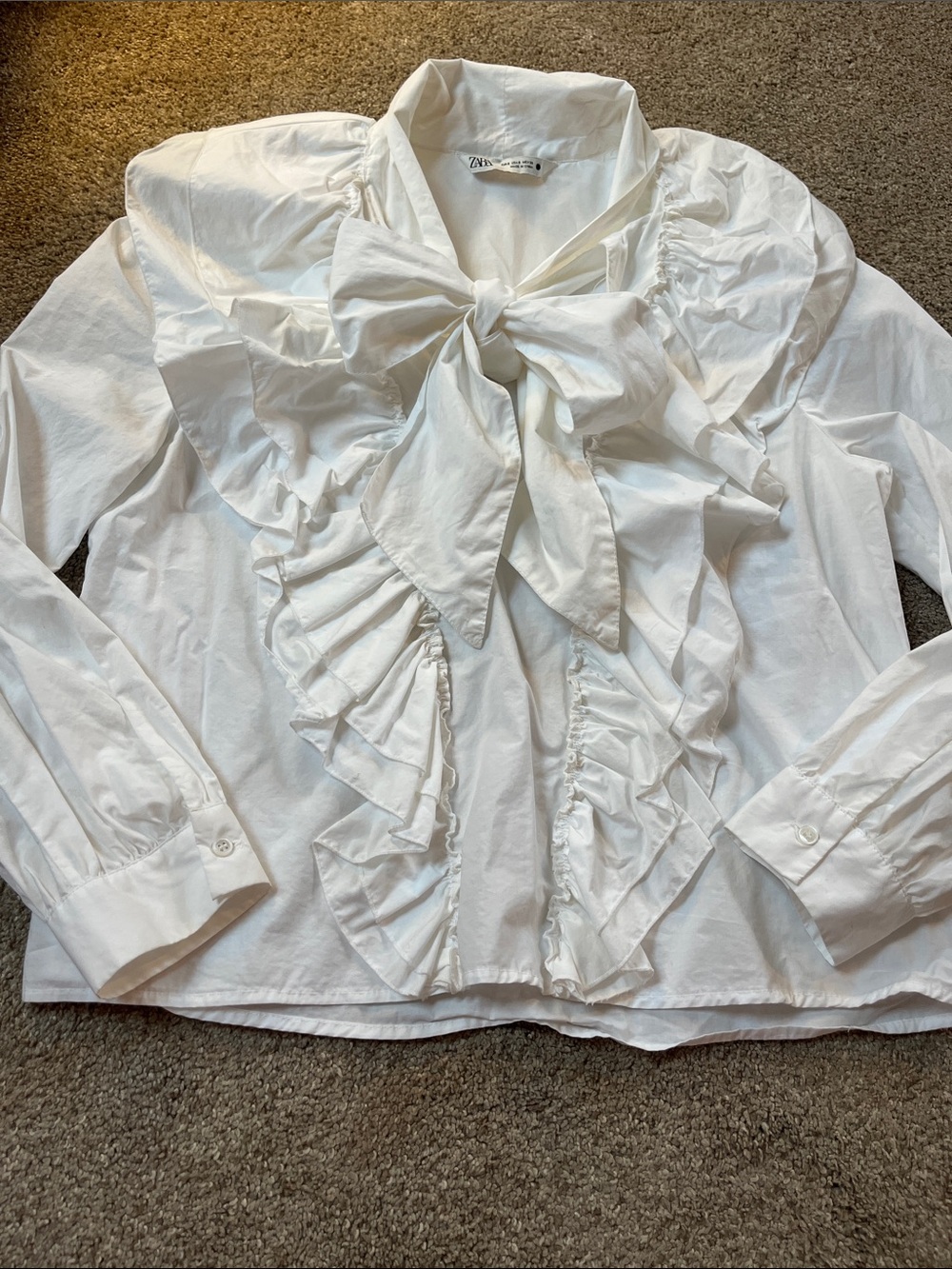 👑👑Zara 💯%Cotton Generous szS Mega Maximalist Double Ruffle Big Bow White Blouse - Picture 2 of 10